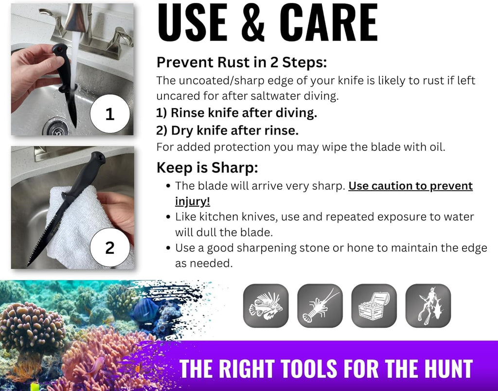 6.1" (154 mm) Dive & Spearfishing Knife – SS420 Serrated Stainless Steel with Black Coating for Easy Cleaning – Lightweight, Rust-Resistant Blade – Includes Adjustable Arm/Leg Holster