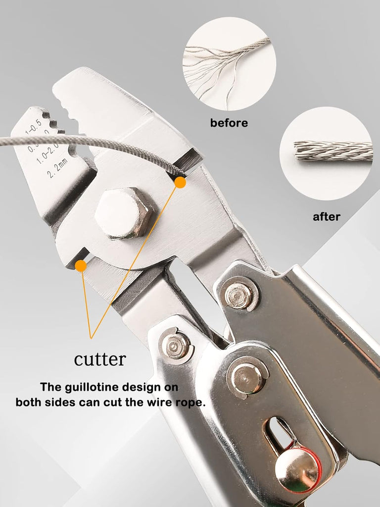 Wire Rope Crimping Tool Kit, Wire Rope Swager Crimper Up To 2.2mm with Aluminum Double Barrel Ferrule Crimping Loop Sleeves, Stainless Steel Thimbles and Cable Cutter for Cable Crimping