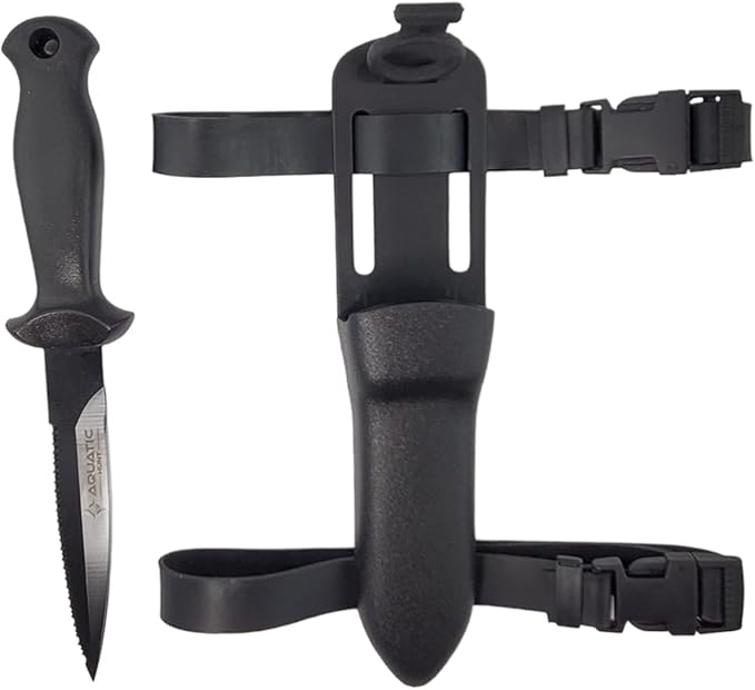 6.1" (154 mm) Dive & Spearfishing Knife – SS420 Serrated Stainless Steel with Black Coating for Easy Cleaning – Lightweight, Rust-Resistant Blade – Includes Adjustable Arm/Leg Holster