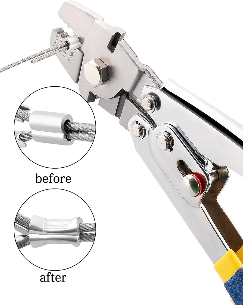 Wire Rope Crimping Tool Kit, Wire Rope Swager Crimper Up To 2.2mm with Aluminum Double Barrel Ferrule Crimping Loop Sleeves, Stainless Steel Thimbles and Cable Cutter for Cable Crimping