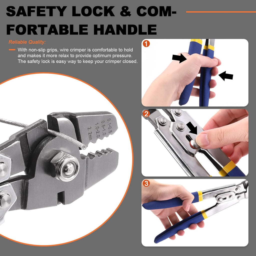 Wire Rope Crimping Tool Kit, Wire Rope Swager Crimper Up To 2.2mm with Aluminum Double Barrel Ferrule Crimping Loop Sleeves, Stainless Steel Thimbles and Cable Cutter for Cable Crimping